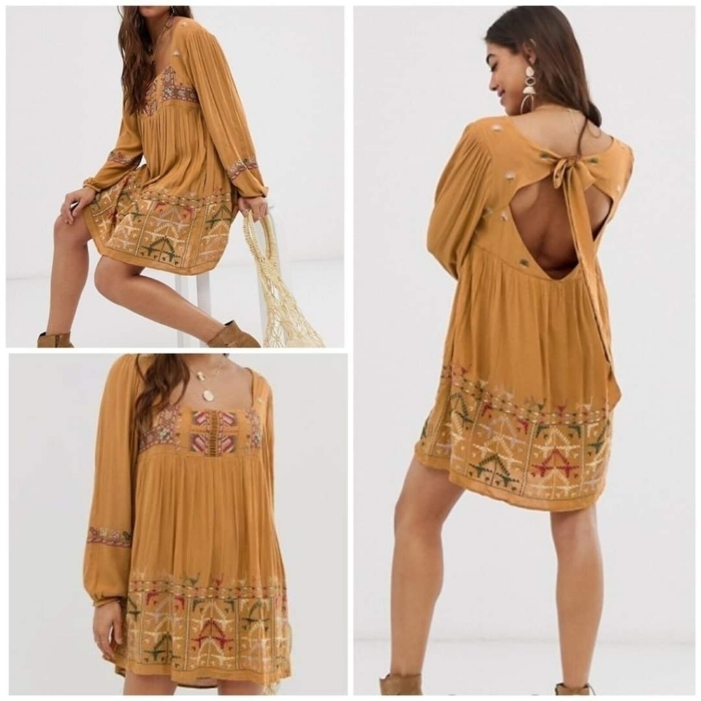 Free People Rhiannon Mustard‎ Long Sleeve Embroidered Dress Medium S M